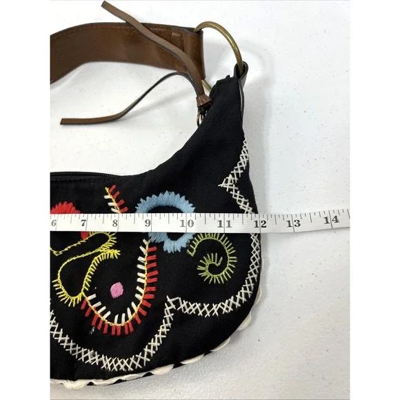 Old Navy Black Vintage Embroidered Bean Shape Butterfly Purse Faux Leather Strap - Picture 9 of 11